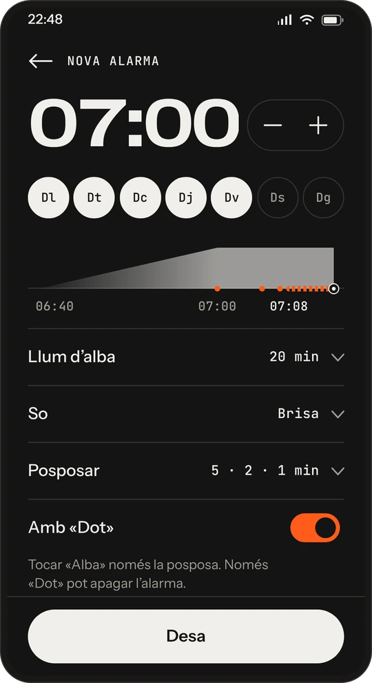 Pantalla de l’app: alarma a les 07:00 de dilluns a divendres, llum d’alba de 20 minuts, so Brisa, pauses de 5, 2 i 1 minuts i «Dot» activat.