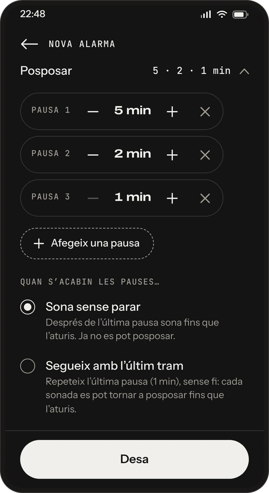 Pantalla de l’app: tres pauses de 5, 2 i 1 minuts i l’opció de què fer en acabar-les, «Sona sense parar» o «Segueix amb l’últim tram».
