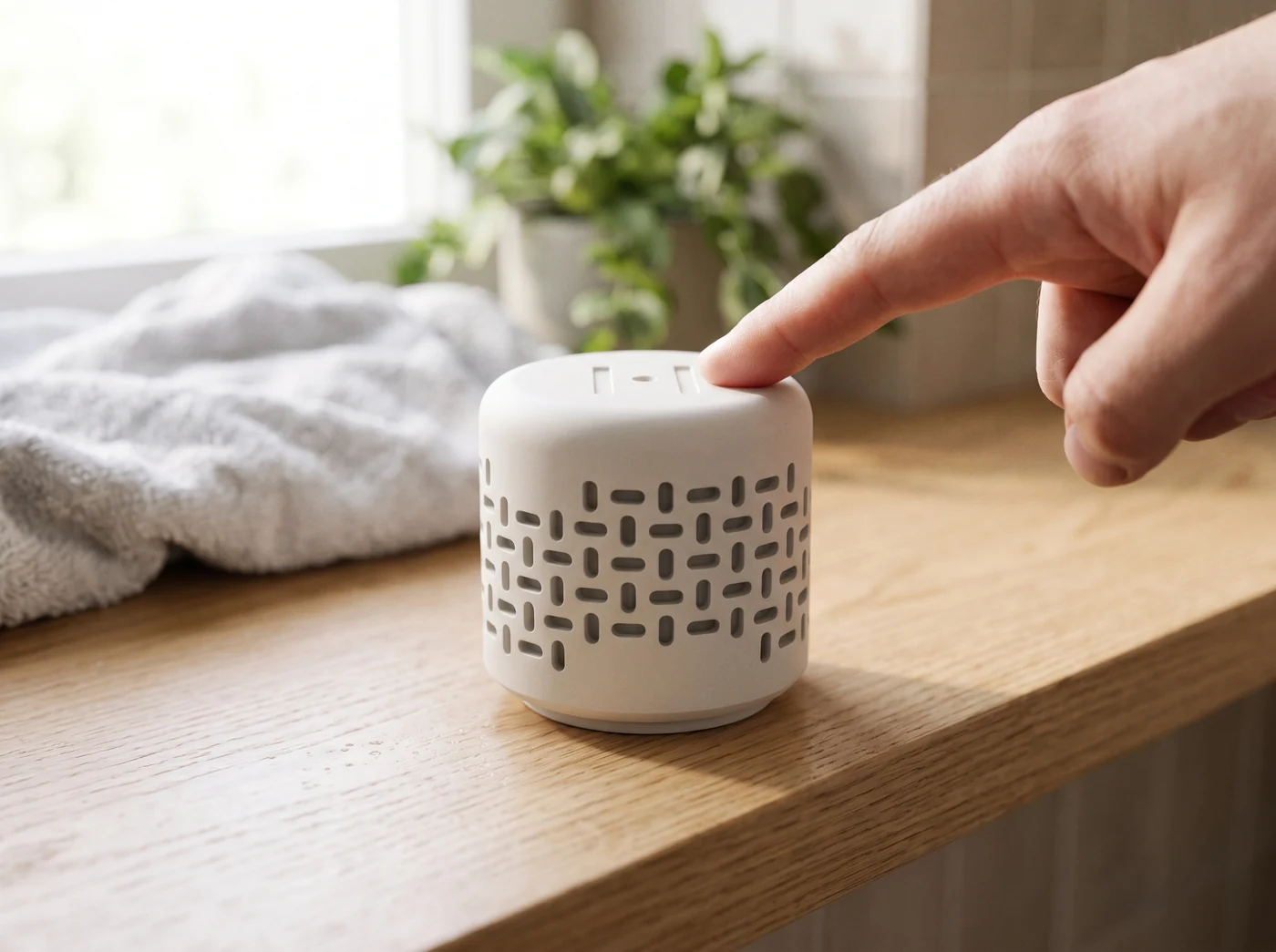 Un dit prem «Dot» sobre el prestatge del lavabo