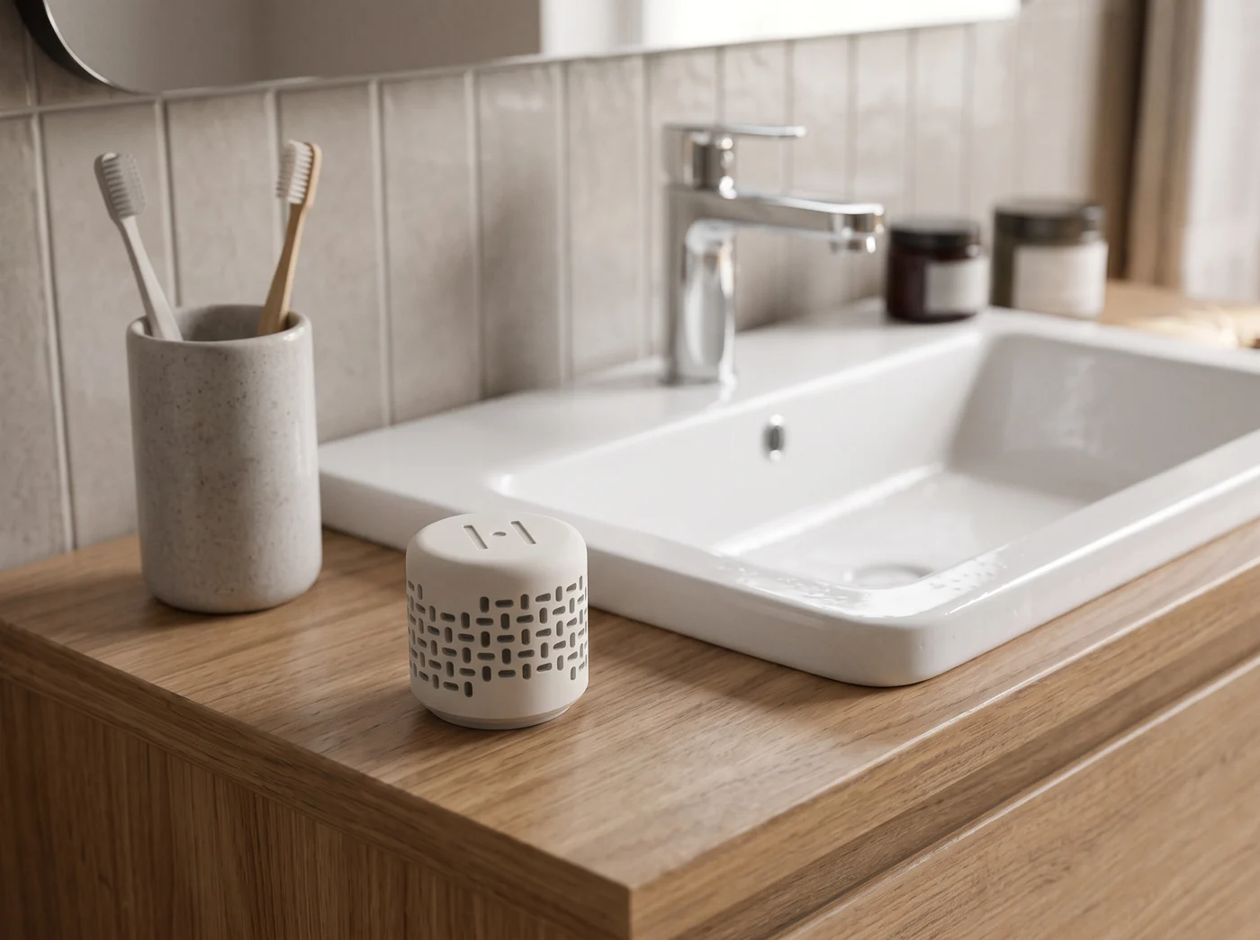 «Dot» sobre el moble del lavabo, al costat de la pica