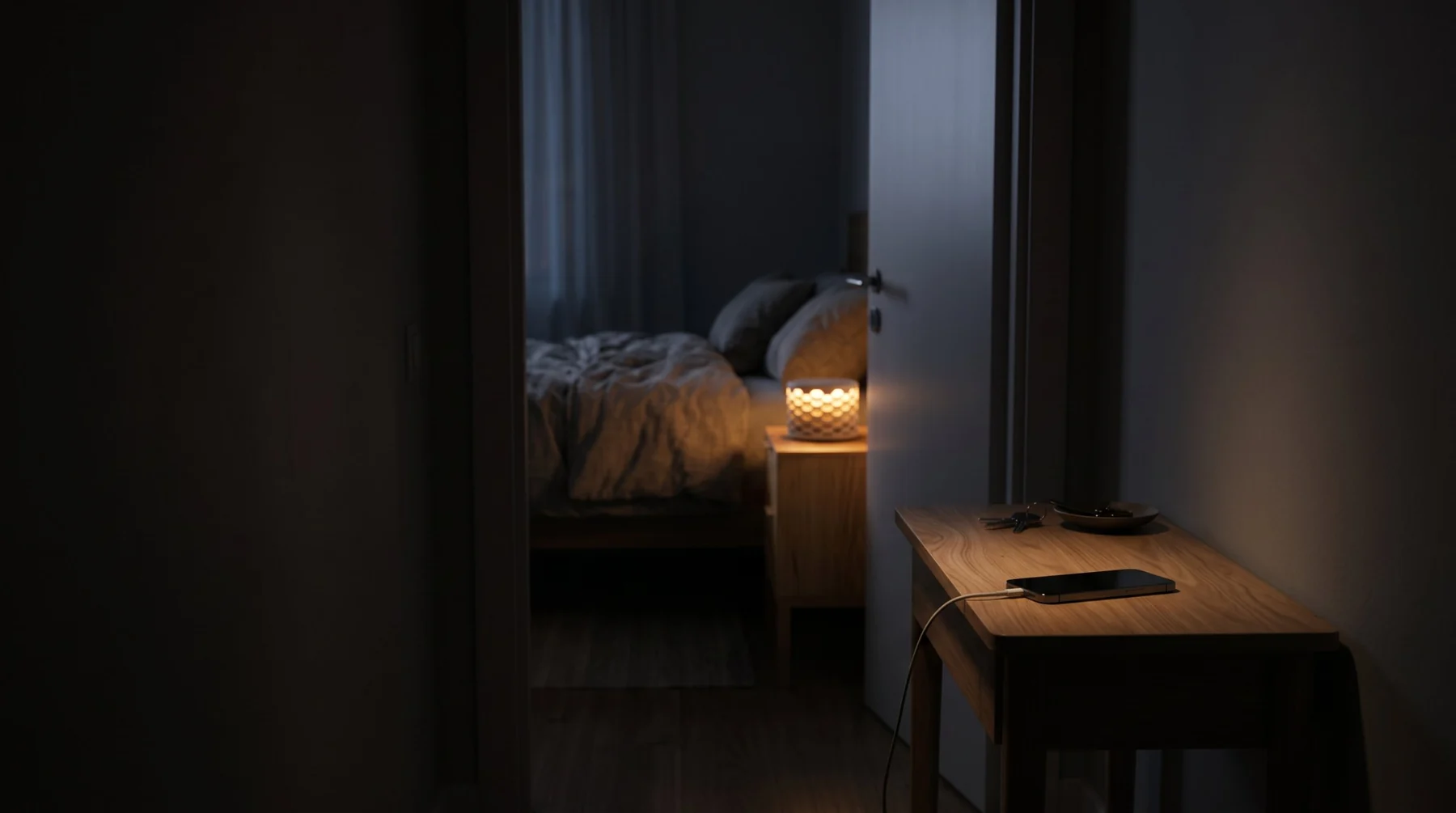 Un passadís a les fosques: el mòbil es carrega sobre una consola i, darrere la porta entreoberta, «Alba» il·lumina l’habitació